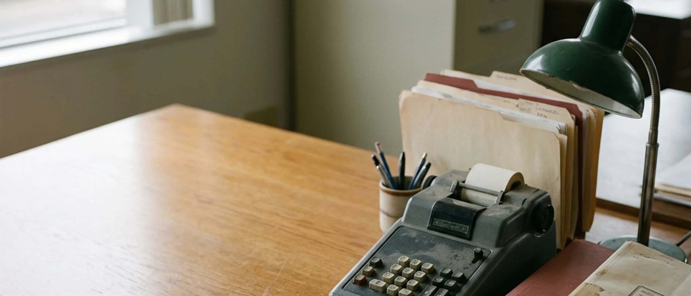 An accountant desk with an adding machine, files, and a green lamp.
